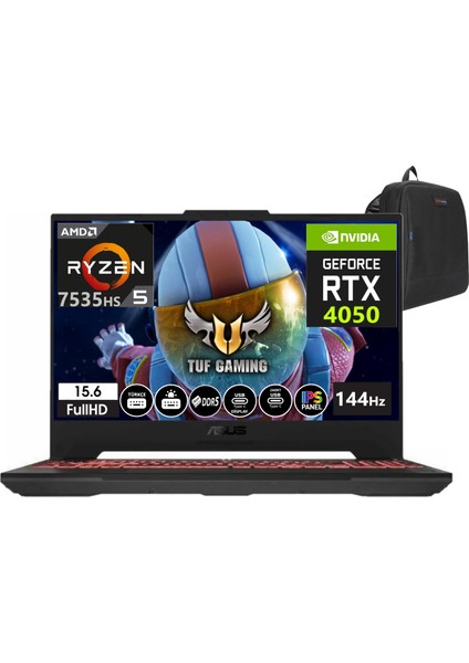 Tuf Gaming A15 FA507NU-LP140 Amd Ryzen 5 7535HS 16GB Ddr5 512GB SSD 15.6 Inç Fhd 144Hz 6gb RTX4050 140W WINDOWS11HOME Taşınabilir Bilgisayar FA507NU-LP14017+WEBLEGELSINÇANTA