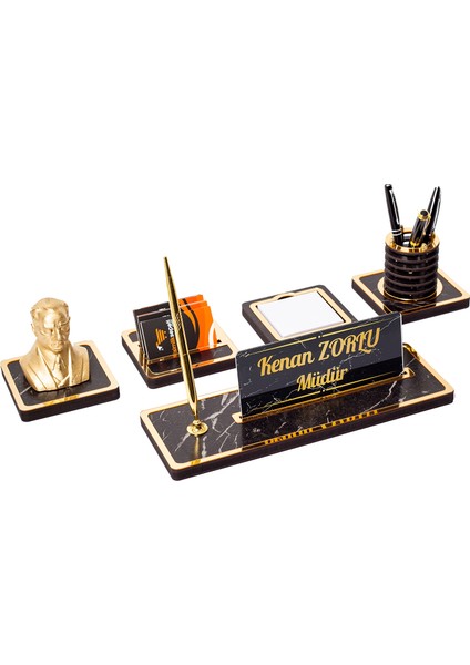 Mermer Desenli Atatürk Biblolu Ahşap Masa Isimliği Ofis Isimlik