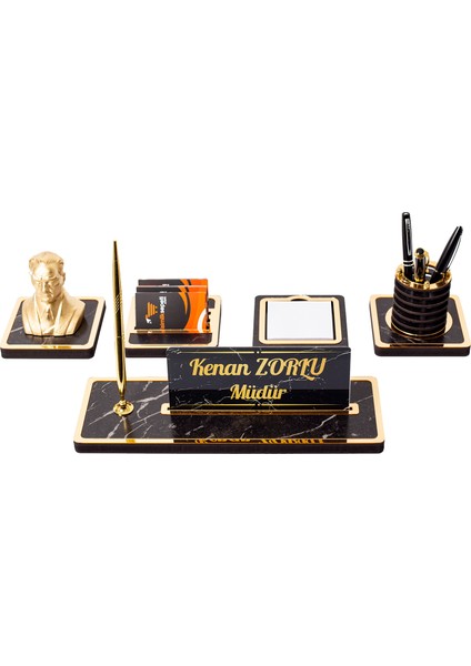 Mermer Desenli Atatürk Biblolu Ahşap Masa Isimliği Ofis Isimlik modelleri