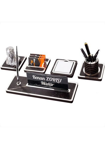 Mermer Desen Atatürk Biblo Ahşap Masa Isimliği Ofis Isimlik Gümüş