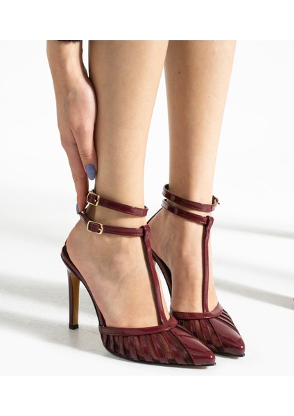 10.5 cm Bordo Rugan Fileli Kadın Topuklu Stletto
