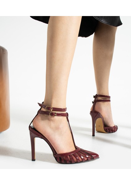 10.5 cm Bordo Rugan Fileli Kadın Topuklu Stletto