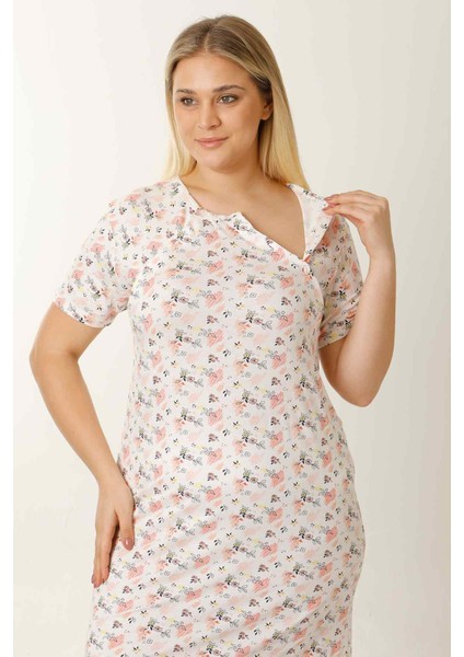 Hamile Emzirme Geceliği Kısa Kollu Çiçekli Ekru