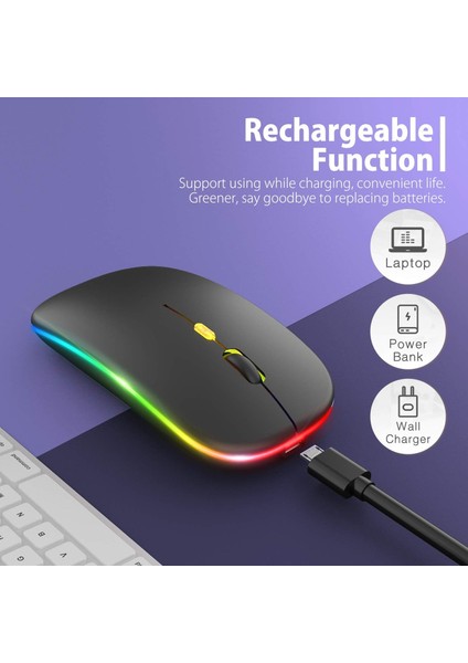 Siyah Rgb Şarjlı Kablosuz 1600DPI Işıklı Kablosuz Mouse Bwm6