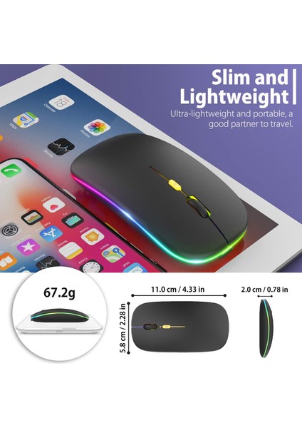 Siyah Rgb Şarjlı Kablosuz 1600DPI Işıklı Kablosuz Mouse Bwm6