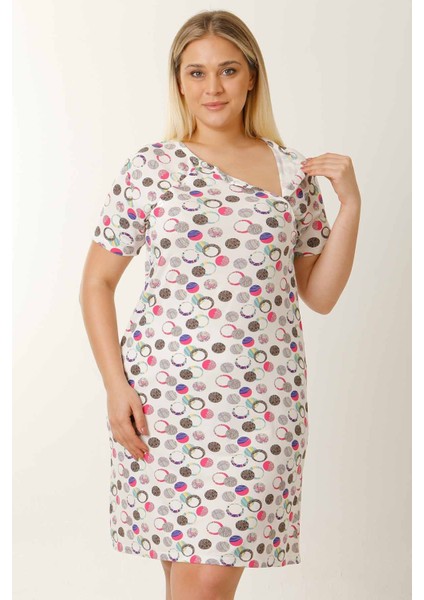 Hamile Emzirme Geceliği Kısa Kollu Puantiyeli Beyaz
