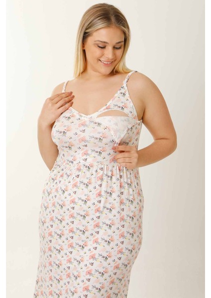 Hamile Lohusa Geceliği Ip Askılı Çiçekli Ekru