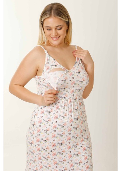 Hamile Lohusa Geceliği Ip Askılı Çiçekli Ekru modelleri