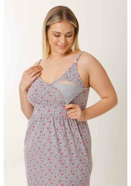 Hamile Lohusa Geceliği Ip Askılı Kalpli Gri