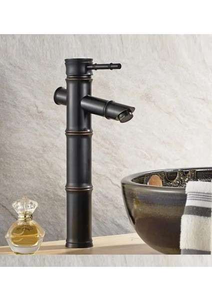Bambu Model Siyah Çanak Rustik Lavabo Bataryası Banyo Musluğu Mat Siyah Uzun Lavabo Armatür Otantik Görünüm