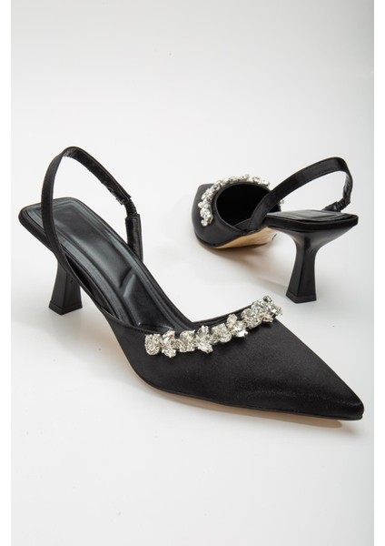 Saten Taşlı Simetrik Kesim Siyah Kısa Topuklu Kadın Abiye Ayakkabı