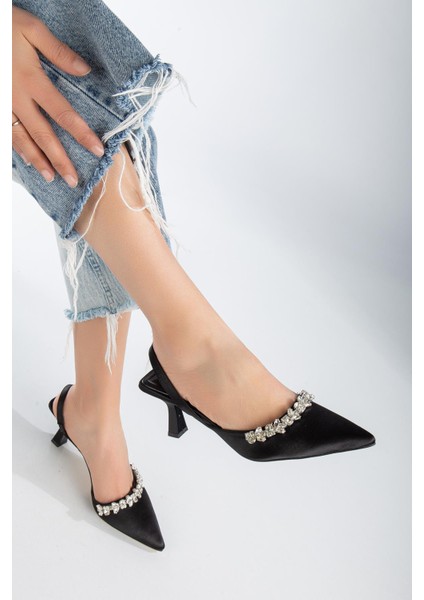 Saten Taşlı Simetrik Kesim Siyah Kısa Topuklu Kadın Abiye Ayakkabı fiyatları