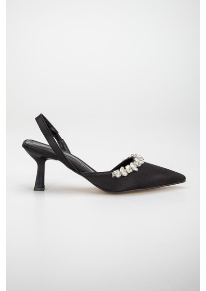 Saten Taşlı Simetrik Kesim Siyah Kısa Topuklu Kadın Abiye Ayakkabı modelleri