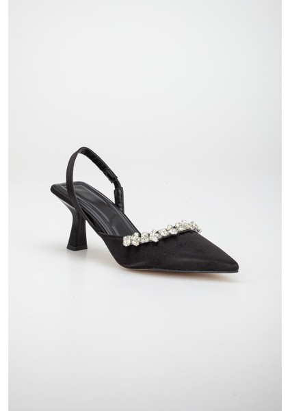 Saten Taşlı Simetrik Kesim Siyah Kısa Topuklu Kadın Abiye Ayakkabı fırsatları