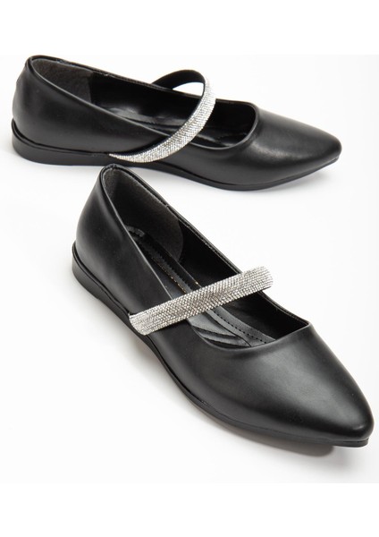 Kalın Tek Sıra Taşlı Cilt Siyah Kadın Babet