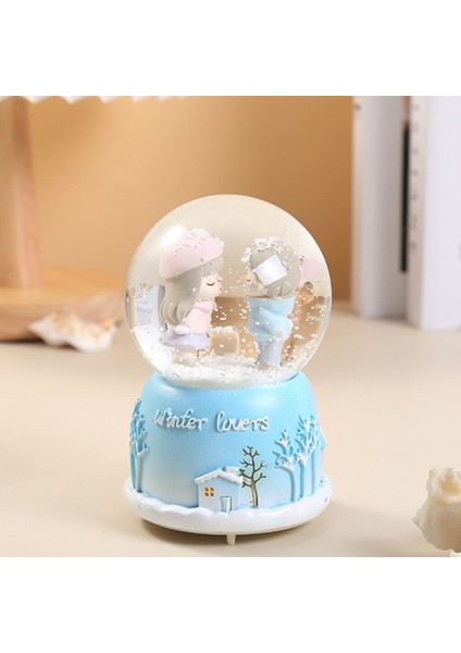 Tatlı Sevgililer Temalı Büyük Boy Işıklı Müzikli Püskürtmeli Kar Küresi-Mavi