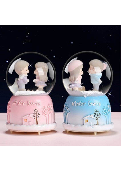 Tatlı Sevgililer Temalı Büyük Boy Işıklı Müzikli Püskürtmeli Kar Küresi-Mavi modelleri