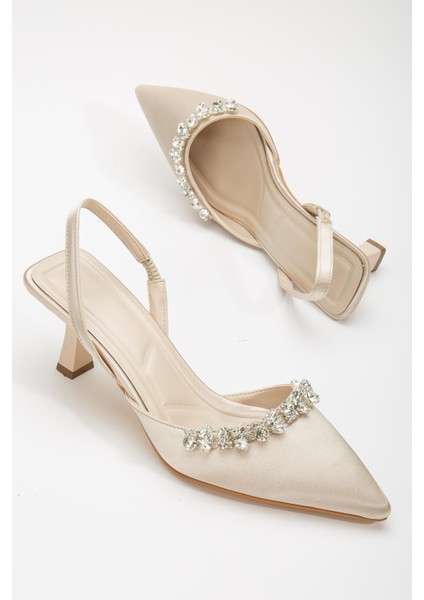 Saten Taşlı Simetrik Kesim Siyah Bej Topuklu Kadın Abiye Ayakkabı