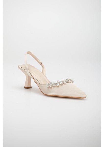 Saten Taşlı Simetrik Kesim Siyah Bej Topuklu Kadın Abiye Ayakkabı fırsatları