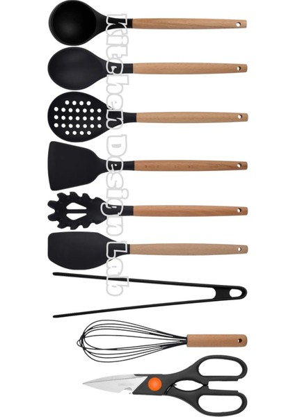 Siyah Bambu Silikon - Kepçe, Kaşık, Kevgir, Makarna, 2 Spatula, Silikon Maşa, Makas, Çırpıcı, 9 Adet