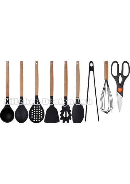 Siyah Bambu Silikon - Kepçe, Kaşık, Kevgir, Makarna, 2 Spatula, Silikon Maşa, Makas, Çırpıcı, 9 Adet