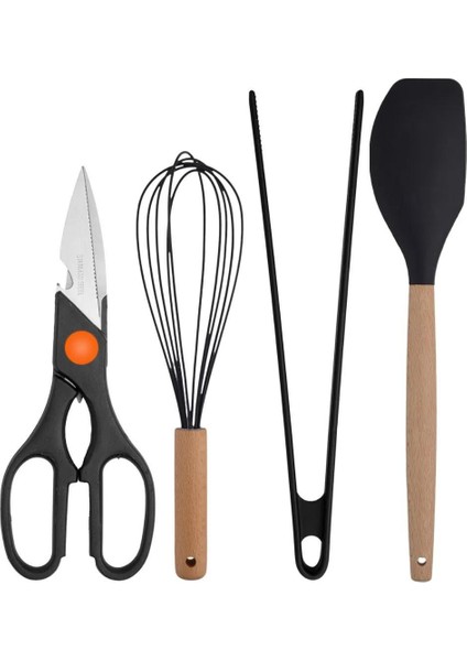 Siyah Bambu Silikon - Kepçe, Kaşık, Kevgir, Makarna, 2 Spatula, Silikon Maşa, Makas, Çırpıcı, 9 Adet