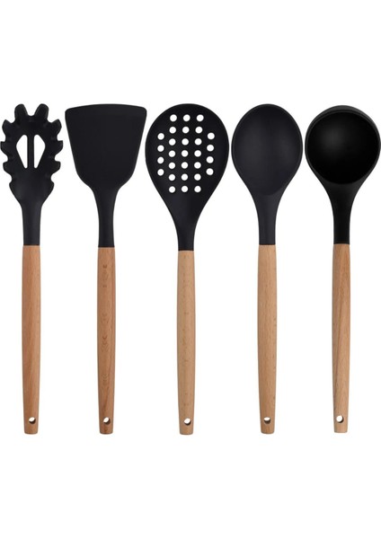 Siyah Bambu Silikon - Kepçe, Kaşık, Kevgir, Makarna, 2 Spatula, Silikon Maşa, Makas, Çırpıcı, 9 Adet