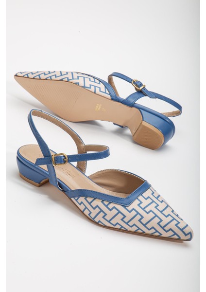 Baskılı Cilt Arka Açık Mavi Kadın Kısa Topuklu Ayakkbı