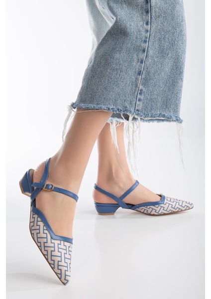 Baskılı Cilt Arka Açık Mavi Kadın Kısa Topuklu Ayakkbı fiyatları