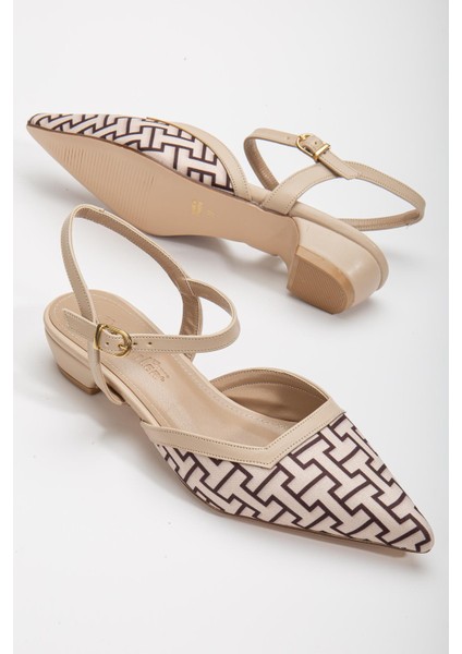 Baskılı Cilt Arka Açık Bej Kadın Kısa Topuklu Ayakkbı