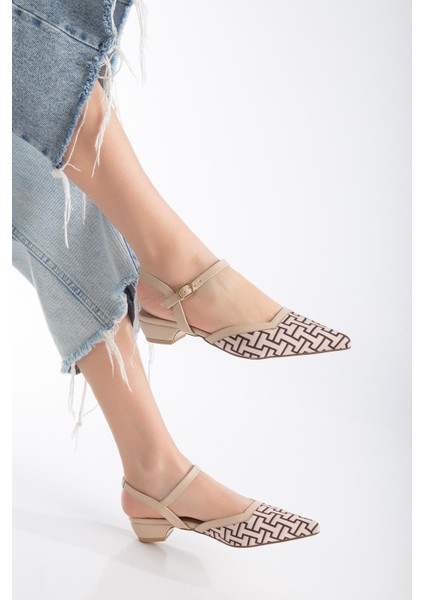 Baskılı Cilt Arka Açık Bej Kadın Kısa Topuklu Ayakkbı fiyatları