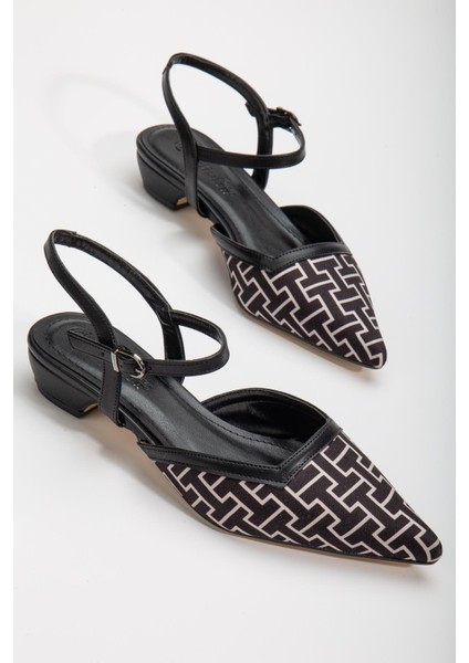 Baskılı Cilt Arka Açık Siyah Kadın Kısa Topuklu Ayakkbı