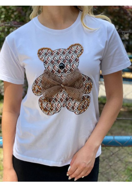 Kadın T-Shirt Ayıcıklı Teddy Taşlı Boncuk Detaylı Sıfır Yaka Kısa Kol Yazlık