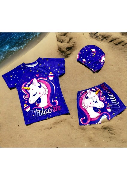 Yeni Sezon Kız Çocuk Hipster Şort Mayo T-Shirt Bone 3/'Lü Takım Güneş Koruma Hassas Ten Unicorn Baskı Desen