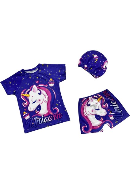 Yeni Sezon Kız Çocuk Hipster Şort Mayo T-Shirt Bone 3/'Lü Takım Güneş Koruma Hassas Ten Unicorn Baskı Desen