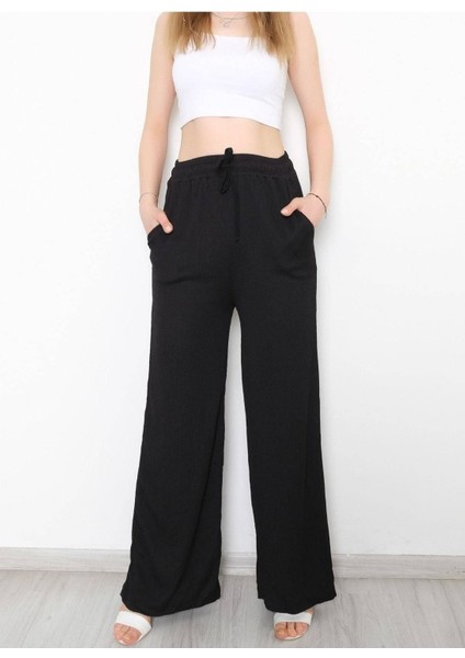 Kadın Siyah Beli Lastikli Palazzo Pantolon