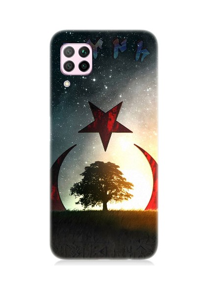 Huawei P40 Lite Uyumlu Göktürkçe Türk ve Ağaç Bayrak Desenli Silikon Kılıf