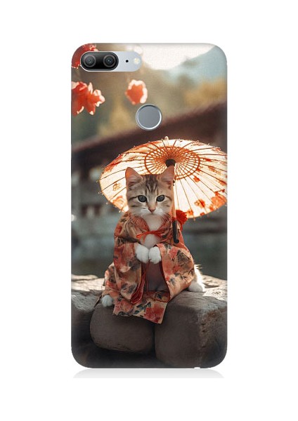 Huawei Honor 9 Lite Uyumlu Geyşa Kıyafetli Kedi Desenli Silikon Kılıf