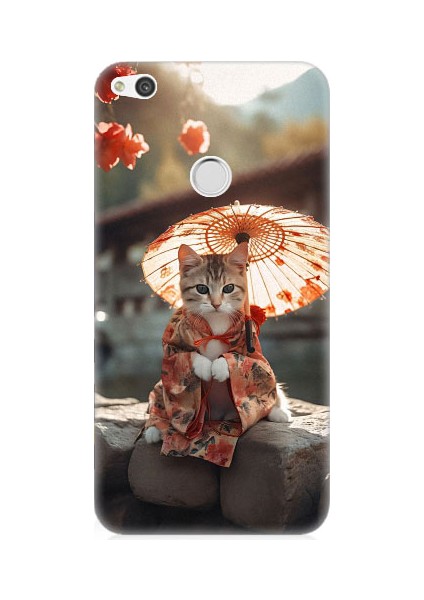 Huawei P9 Lite 2017 Uyumlu Geyşa Kıyafetli Kedi Desenli Silikon Kılıf