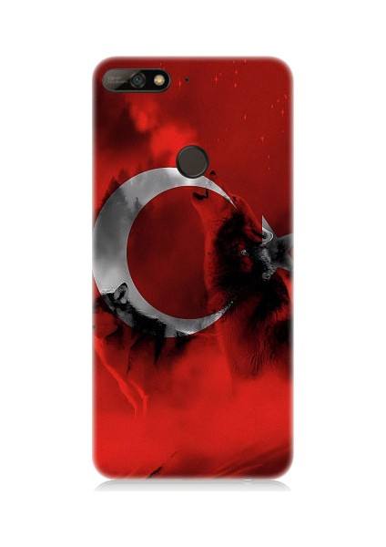 Huawei Y7 2018 Uyumlu Türk Bayrağı ve Kurt Desenli Silikon Kılıf