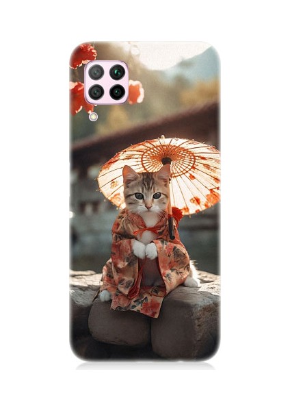 Huawei P40 Lite Uyumlu Geyşa Kıyafetli Kedi Desenli Silikon Kılıf