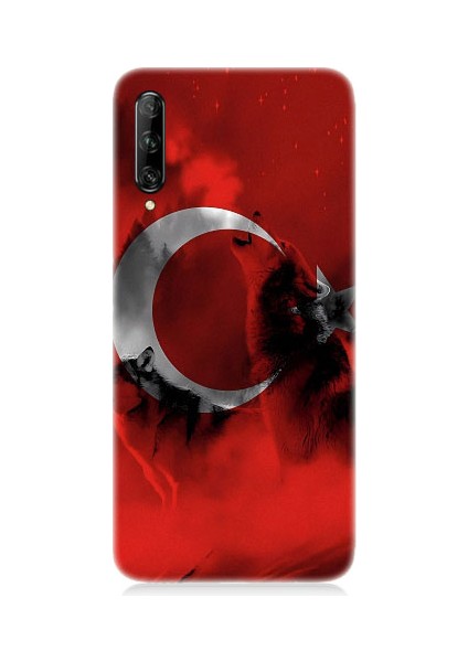 Huawei P Smart Pro Uyumlu Türk Bayrağı ve Kurt Desenli Silikon Kılıf