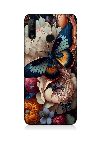 Huawei P30 Lite Uyumlu Kelebek ve Çiçek Desenli Silikon Kılıf