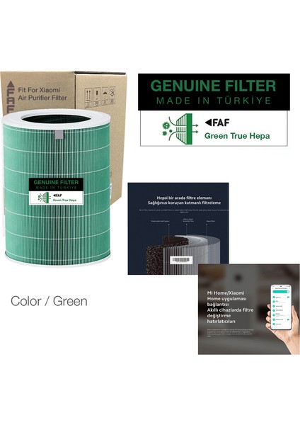 Filtre Model 4 Green True HEPA14 Filtre , Xiaomi Mi Air Purifier 4 Filtre Model: AC-M16-SC Uyumlu Özel Seri High Efficiency Filtre Yeşil Ölçü: Ø20XH29 cm Eko Serisi