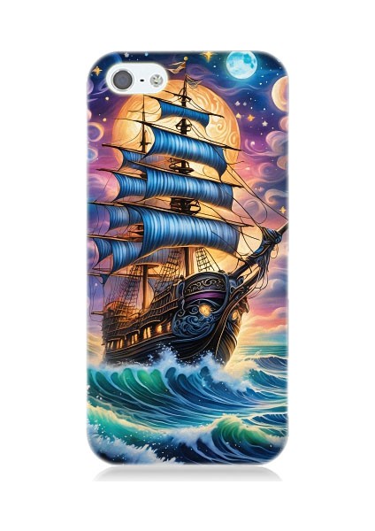 Apple iPhone 5 Uyumlu Denizde Direkli Ahşap Gemi Desenli Silikon Kılıf