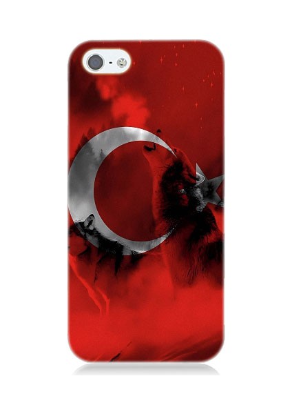 Apple iPhone 5 Uyumlu Türk Bayrağı ve Kurt Desenli Silikon Kılıf