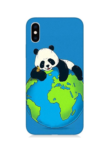 Apple iPhone Xs Uyumlu Yorgun Panda ve Dünya Desenli Silikon Kılıf