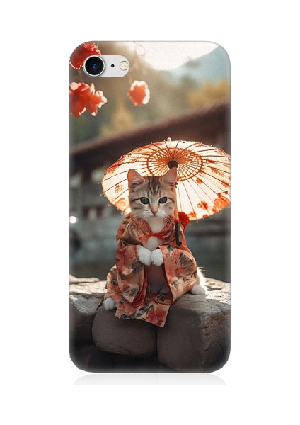Apple iPhone 8 Uyumlu Geyşa Kıyafetli Kedi Desenli Silikon Kılıf