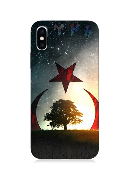 Apple iPhone Xs Uyumlu Göktürkçe Türk ve Ağaç Bayrak Desenli Silikon Kılıf