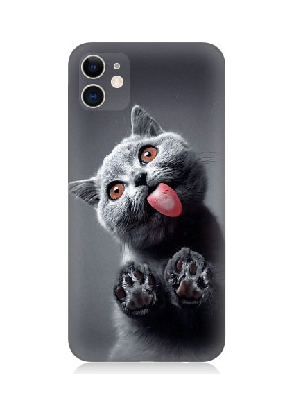 Apple iPhone 11 Uyumlu Sevimli Boz Kedi Dili Desenli Silikon Kılıf